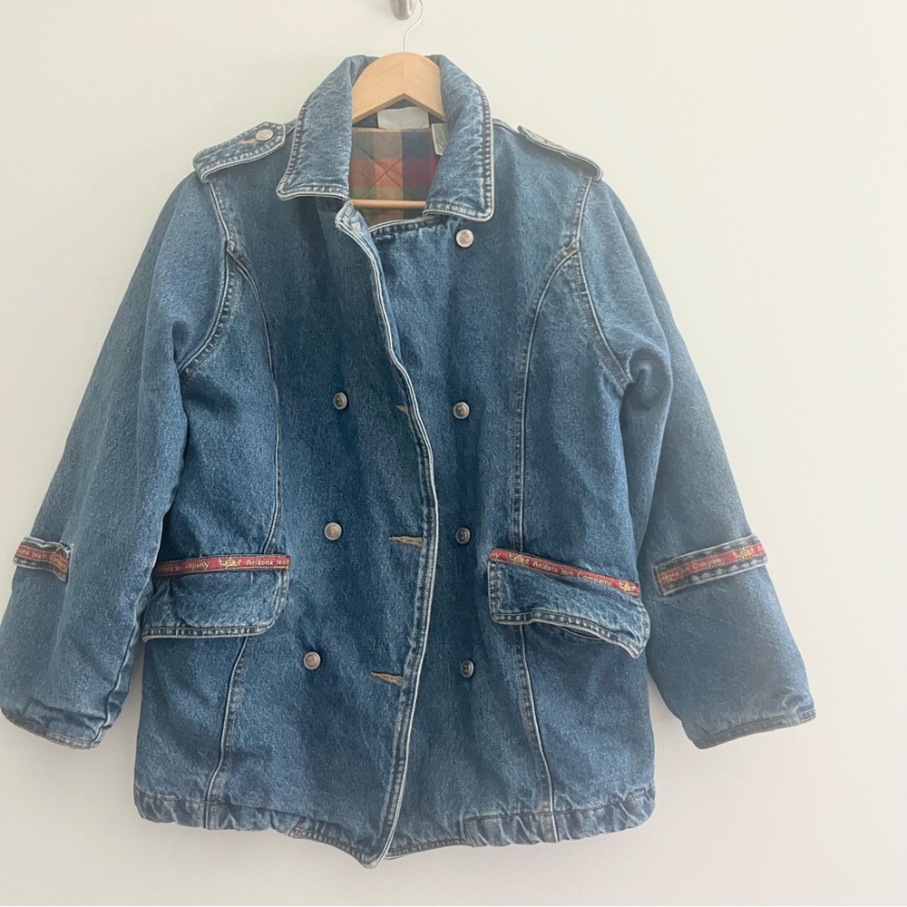 Vintage ARIZONA JEAN COMPANY Quilted Plaid Flannel Lined Denim Jacket Size S